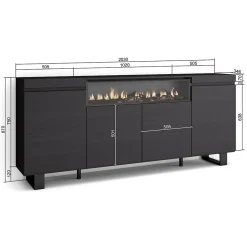 Buffet 200x35x87cm feu led sans chaleur couleur noir