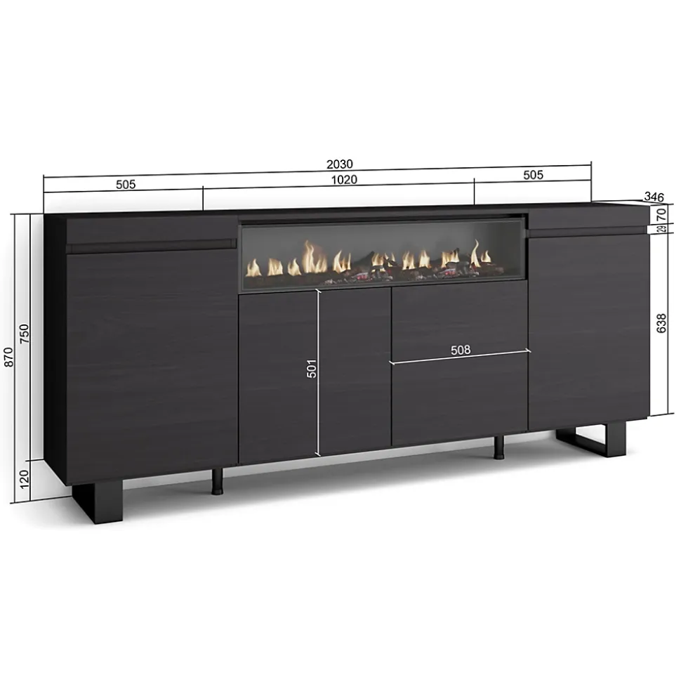 Buffet 200x35x87cm feu led sans chaleur couleur noir