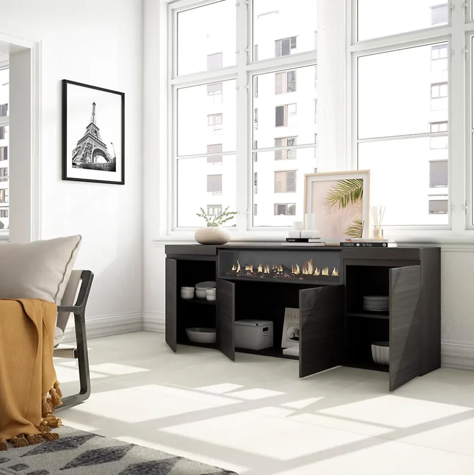 Buffet 200x35x87cm feu led sans chaleur couleur noir