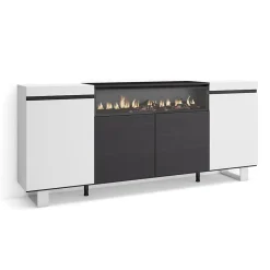 Buffet 200x35x87cm feu led sans chaleur couleur blanc et noir