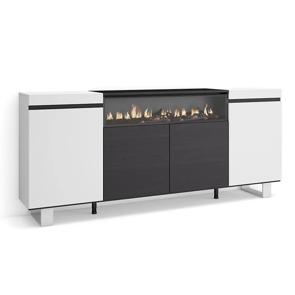 Buffet 200x35x87cm feu led sans chaleur couleur blanc et noir