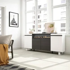 Buffet 200x35x87cm feu led sans chaleur couleur blanc et noir
