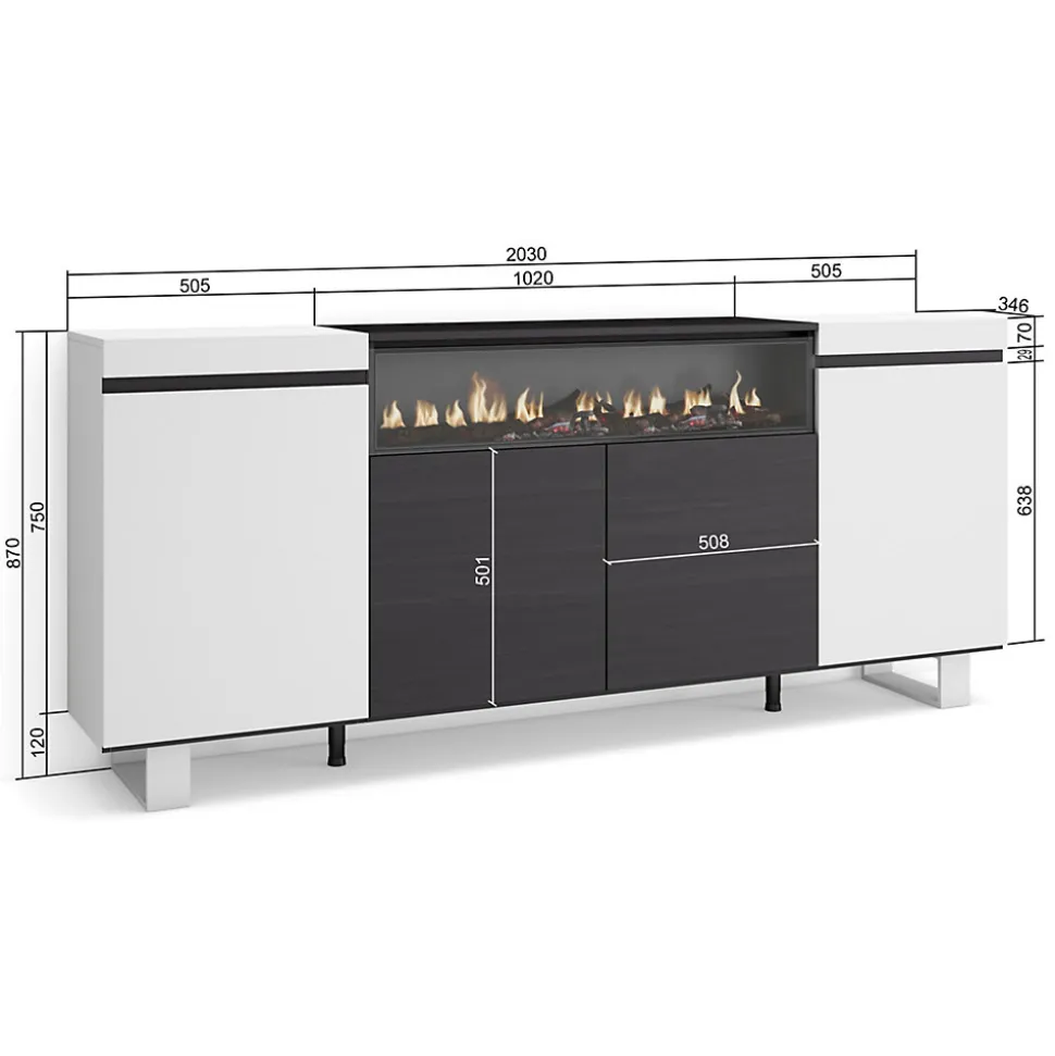 Buffet 200x35x87cm feu led sans chaleur couleur blanc et noir