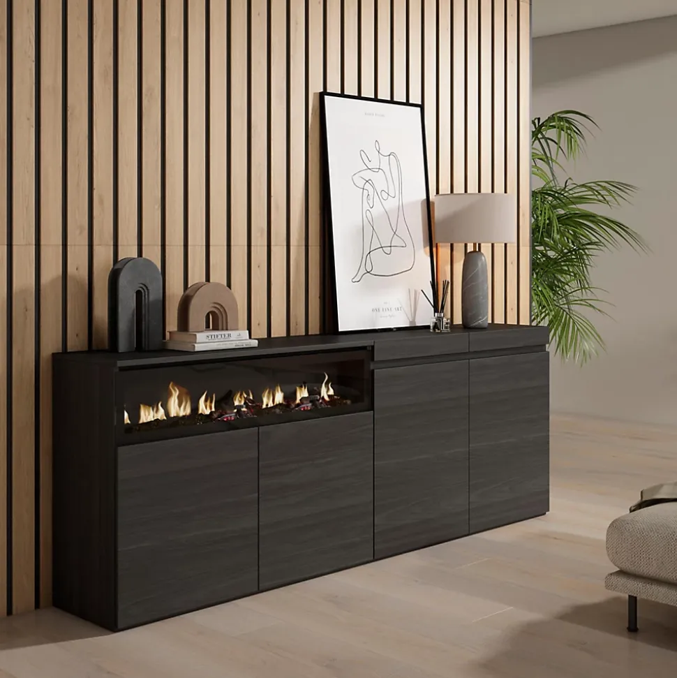 Buffet 200x35x75cm feu led sans chaleur couleur noir