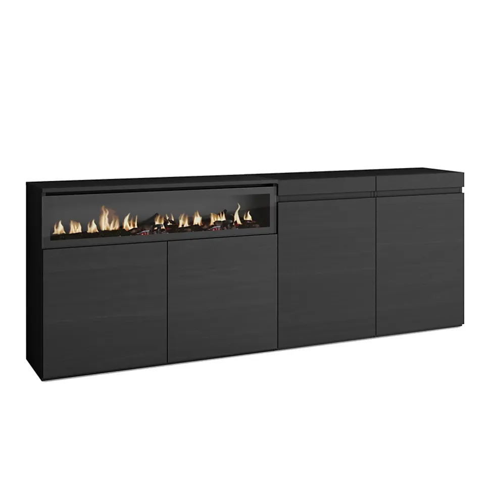 Buffet 200x35x75cm feu led sans chaleur couleur noir