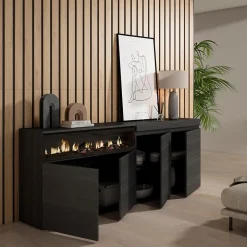 Buffet 200x35x75cm feu led sans chaleur couleur noir