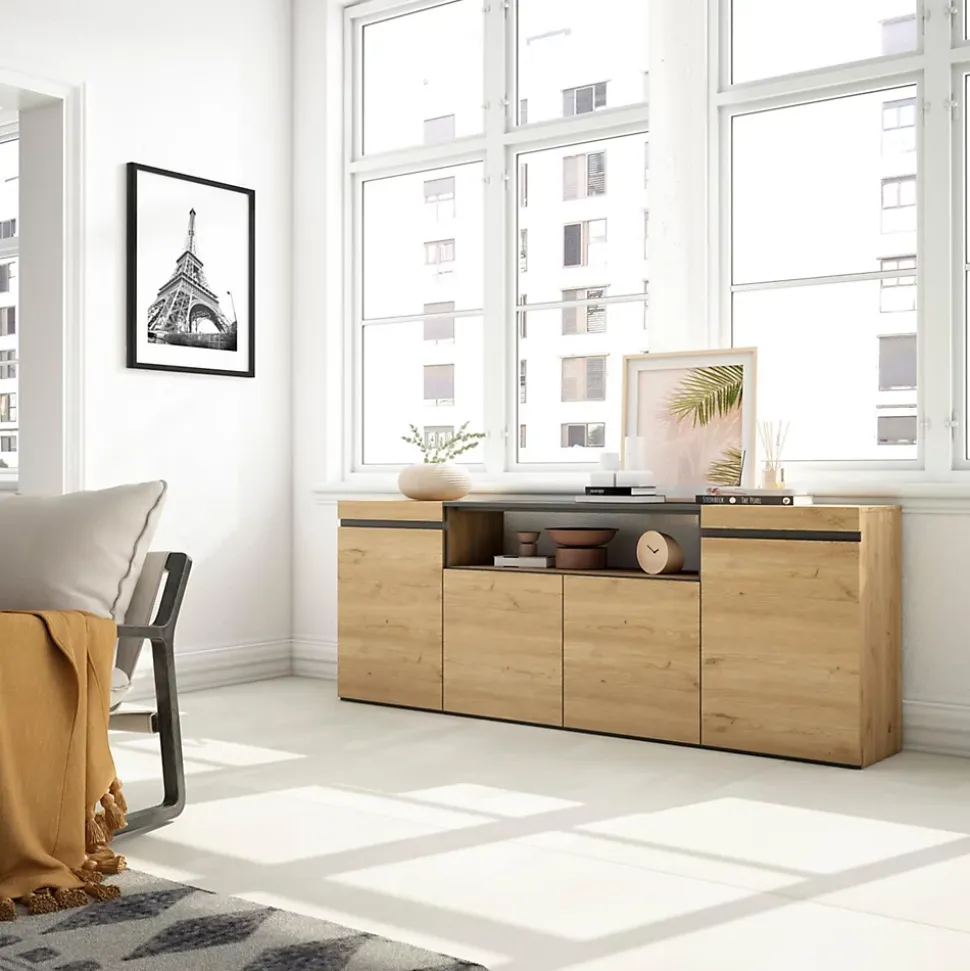 Buffet 200x35x75cm meuble à chaussures couleur chêne et noir