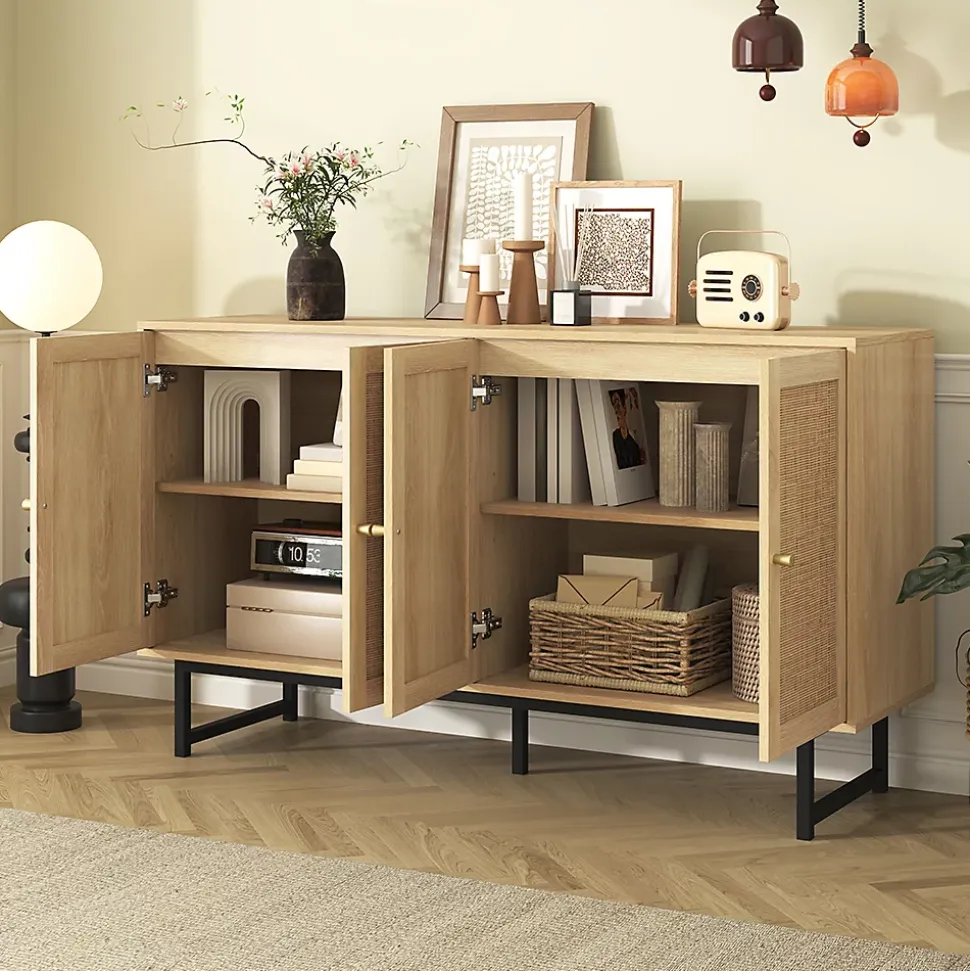 Buffet 140X39.5X80Cm Rotin 4 Portes Blackcolors