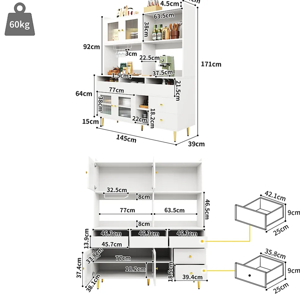 Buffets Hauts - Vaisselier Moderne avec Portes Vitrées et Rangement pour Cuisine, MDF et Métal, 145x39x171 cm, Blanc
