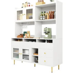 Buffets Hauts - Vaisselier Moderne avec Portes Vitrées et Rangement pour Cuisine, MDF et Métal, 145x39x171 cm, Blanc