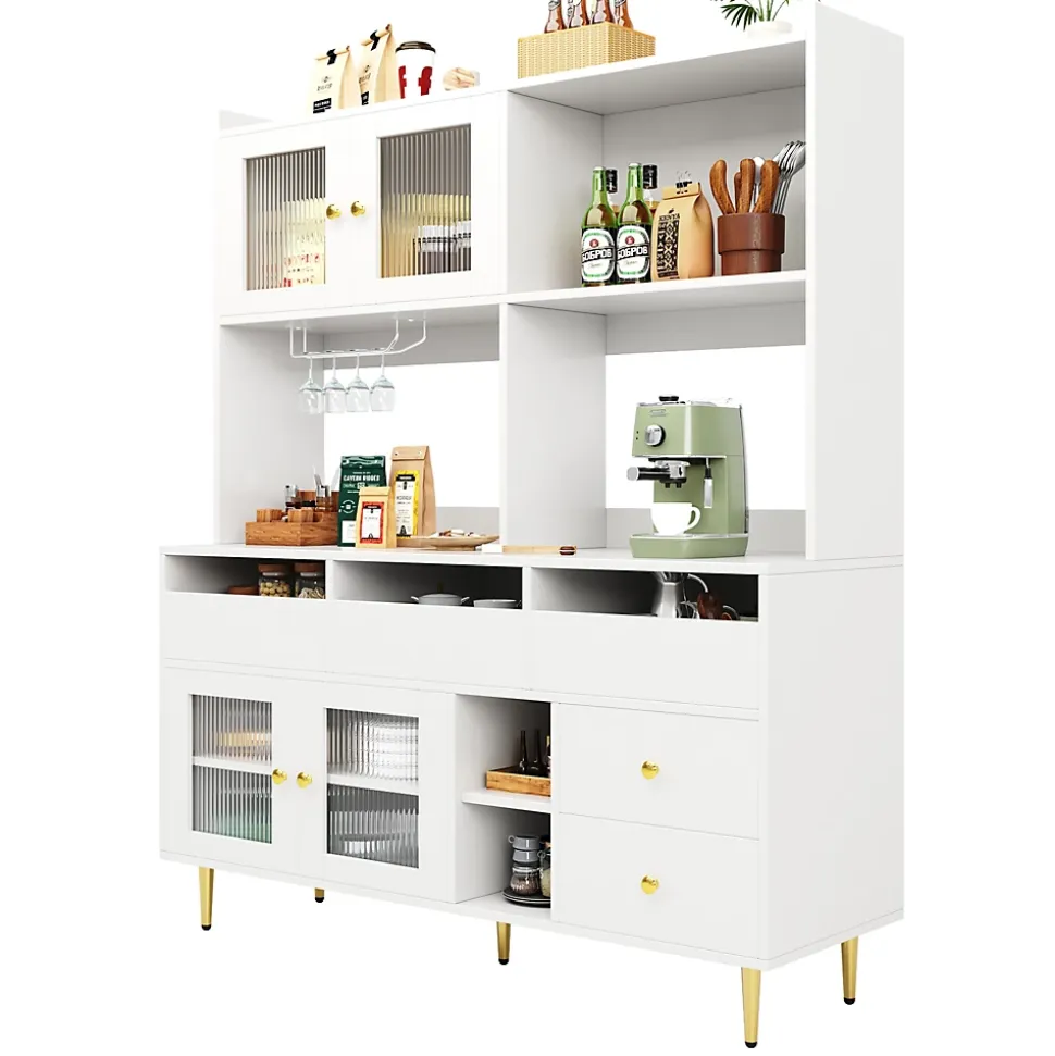 Buffets Hauts - Vaisselier Moderne avec Portes Vitrées et Rangement pour Cuisine, MDF et Métal, 145x39x171 cm, Blanc