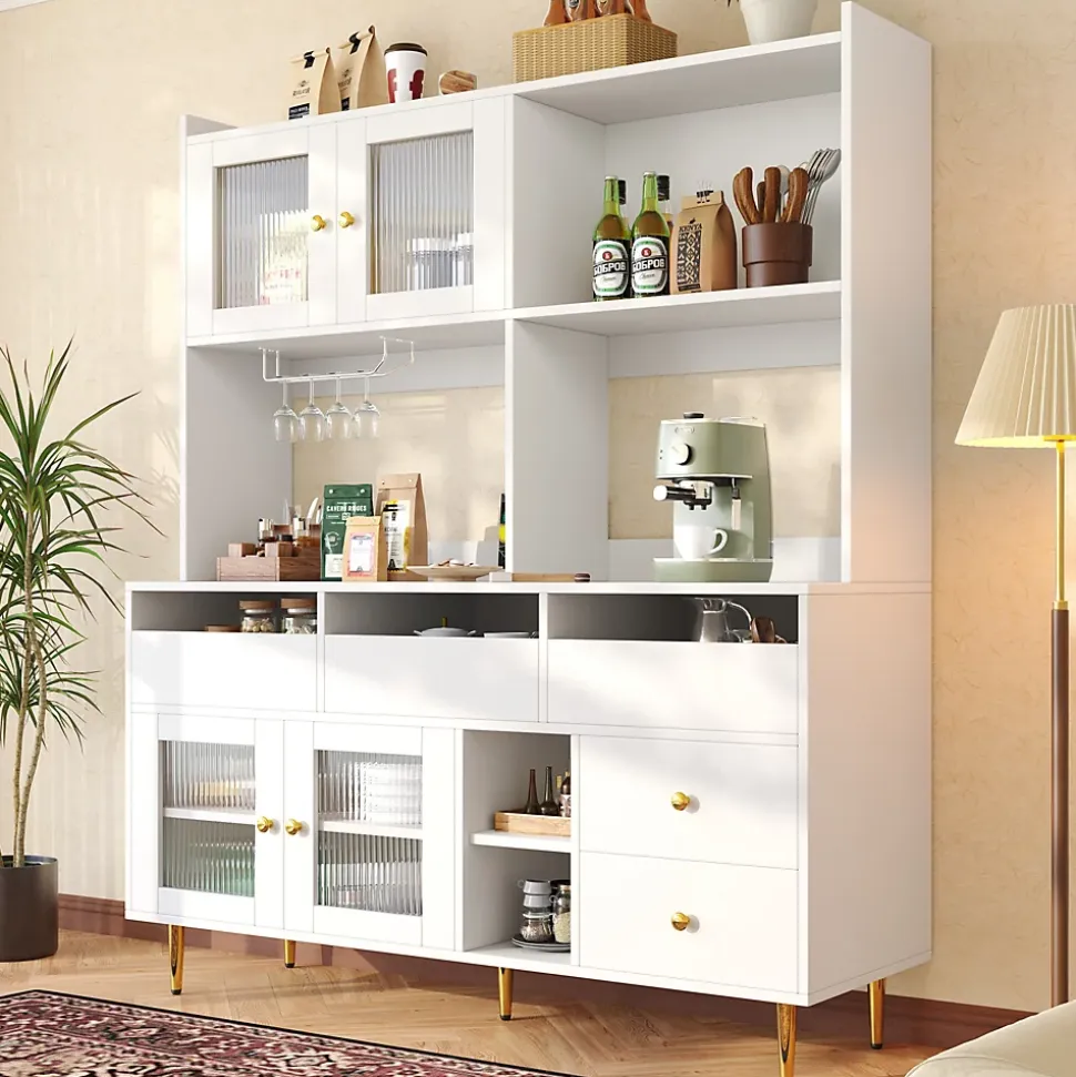 Buffets Hauts - Vaisselier Moderne avec Portes Vitrées et Rangement pour Cuisine, MDF et Métal, 145x39x171 cm, Blanc
