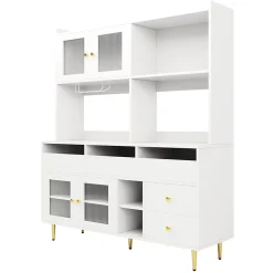 Buffets Hauts - Vaisselier Moderne avec Portes Vitrées et Rangement pour Cuisine, MDF et Métal, 145x39x171 cm, Blanc