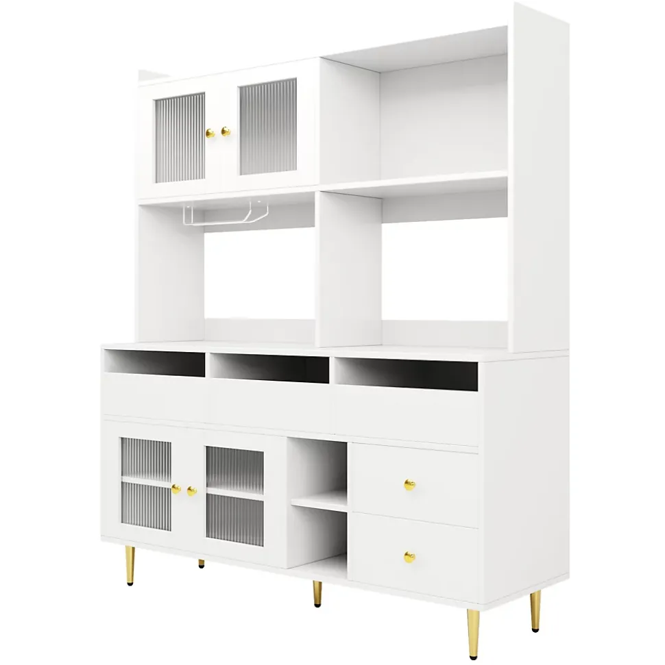 Buffets Hauts - Vaisselier Moderne avec Portes Vitrées et Rangement pour Cuisine, MDF et Métal, 145x39x171 cm, Blanc