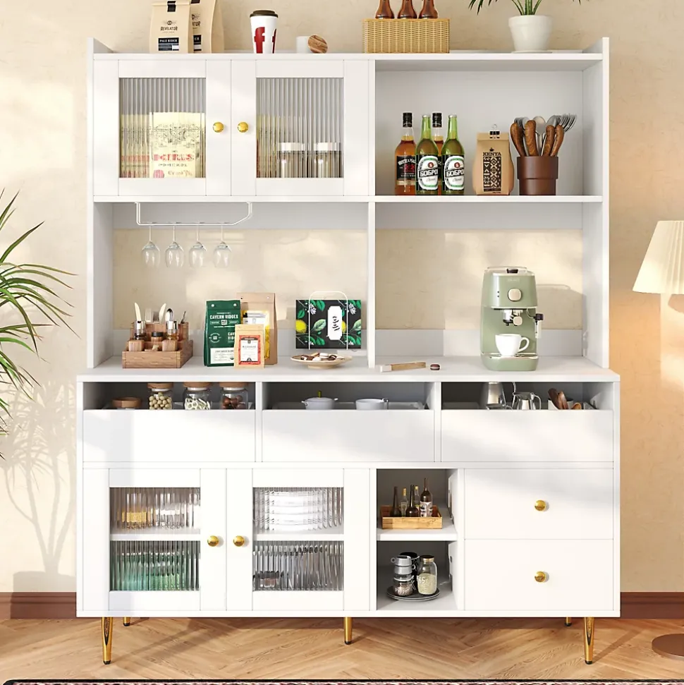 Buffets Hauts - Vaisselier Moderne avec Portes Vitrées et Rangement pour Cuisine, MDF et Métal, 145x39x171 cm, Blanc