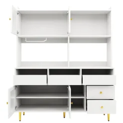 Buffets Hauts - Vaisselier Moderne avec Portes Vitrées et Rangement pour Cuisine, MDF et Métal, 145x39x171 cm, Blanc