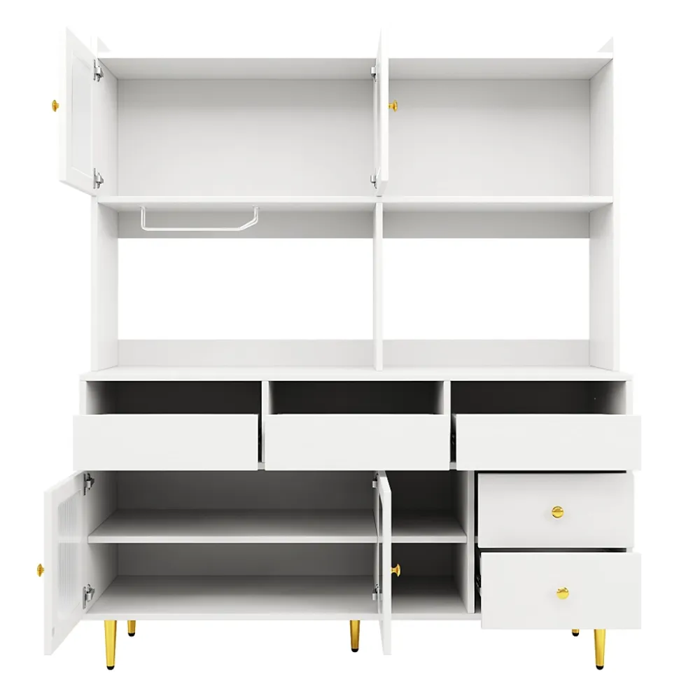 Buffets Hauts - Vaisselier Moderne avec Portes Vitrées et Rangement pour Cuisine, MDF et Métal, 145x39x171 cm, Blanc