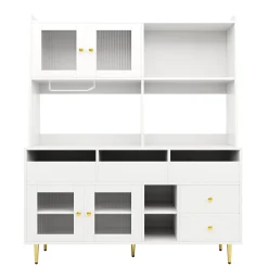 Buffets Hauts - Vaisselier Moderne avec Portes Vitrées et Rangement pour Cuisine, MDF et Métal, 145x39x171 cm, Blanc