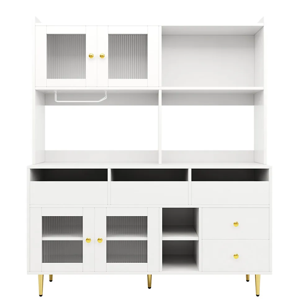 Buffets Hauts - Vaisselier Moderne avec Portes Vitrées et Rangement pour Cuisine, MDF et Métal, 145x39x171 cm, Blanc