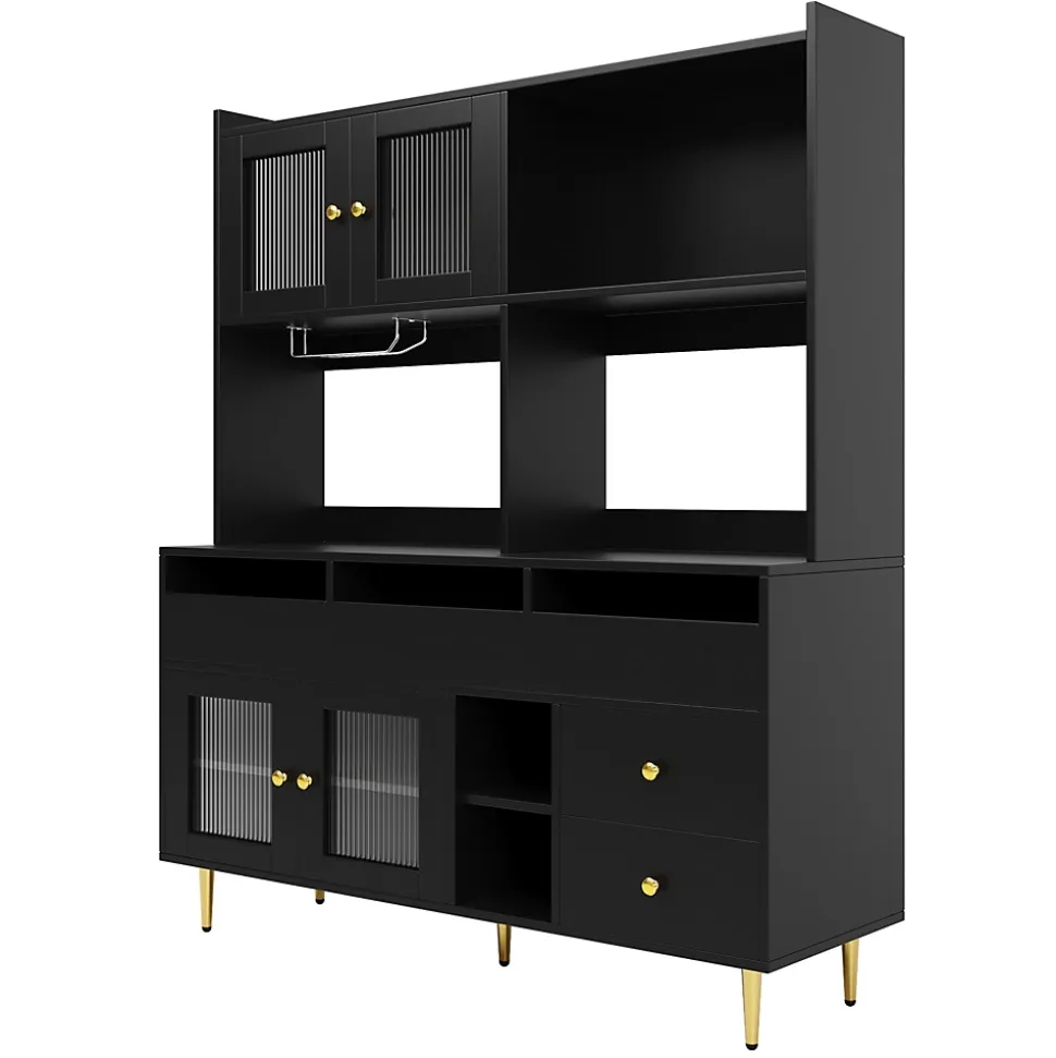 Buffets Hauts - Vaisselier Moderne avec Portes Vitrées et Rangement pour Cuisine, MDF et Métal, 145x39x171 cm, Noir