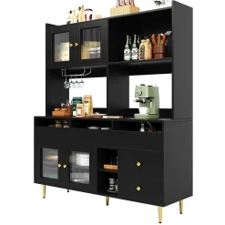 Buffets Hauts - Vaisselier Moderne avec Portes Vitrées et Rangement pour Cuisine, MDF et Métal, 145x39x171 cm, Noir