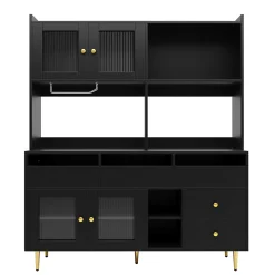 Buffets Hauts - Vaisselier Moderne avec Portes Vitrées et Rangement pour Cuisine, MDF et Métal, 145x39x171 cm, Noir