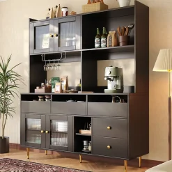 Buffets Hauts - Vaisselier Moderne avec Portes Vitrées et Rangement pour Cuisine, MDF et Métal, 145x39x171 cm, Noir