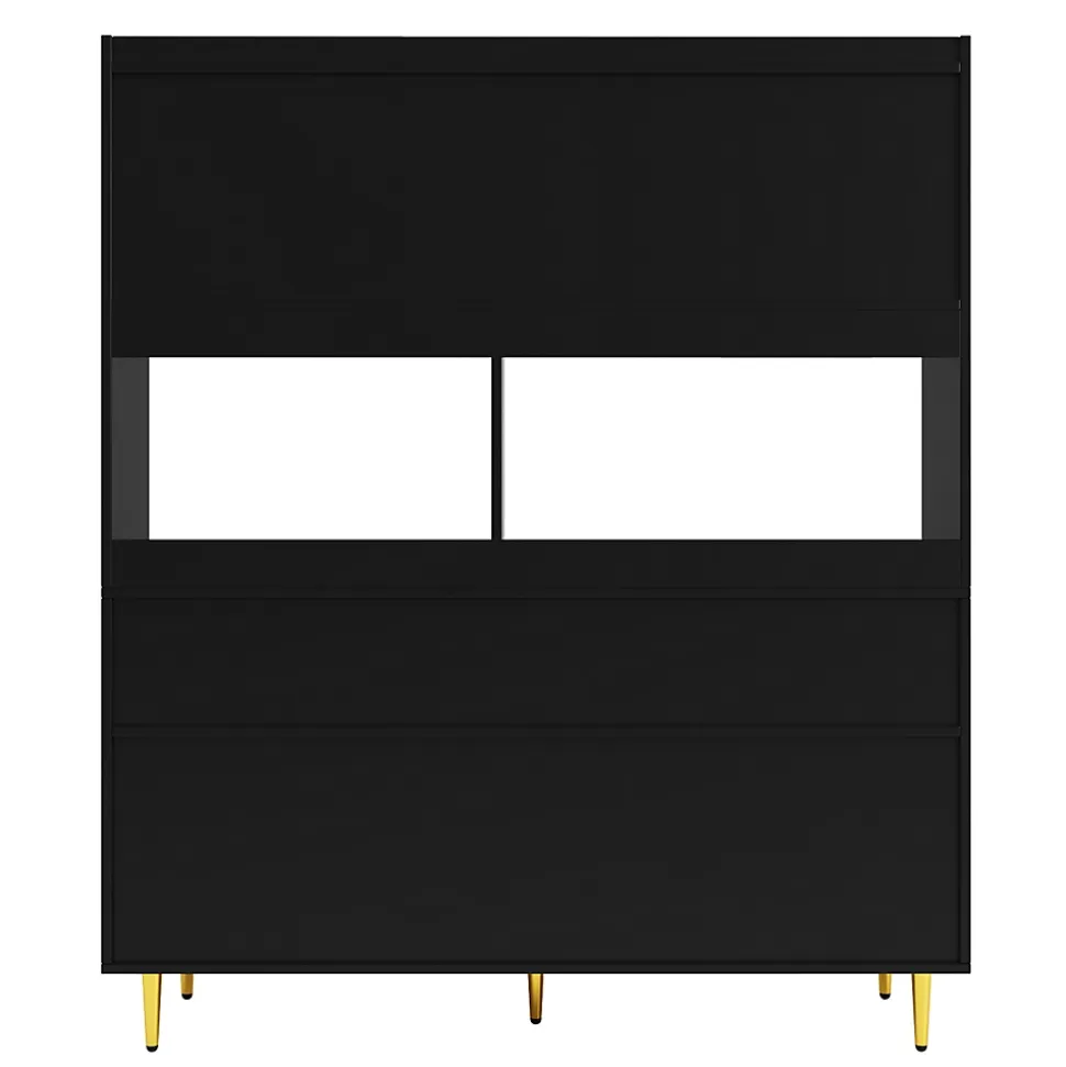 Buffets Hauts - Vaisselier Moderne avec Portes Vitrées et Rangement pour Cuisine, MDF et Métal, 145x39x171 cm, Noir