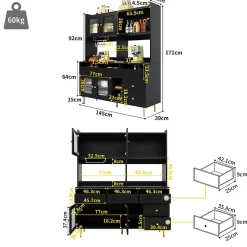 Buffets Hauts - Vaisselier Moderne avec Portes Vitrées et Rangement pour Cuisine, MDF et Métal, 145x39x171 cm, Noir
