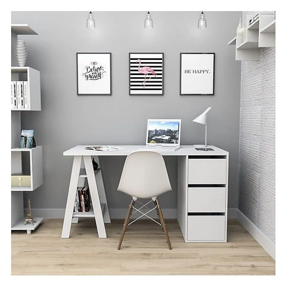 Bureau - Blanc - Tréteau et Caisson - 3 Tiroirs - 2 Niches - Droit 135x60x75 cm