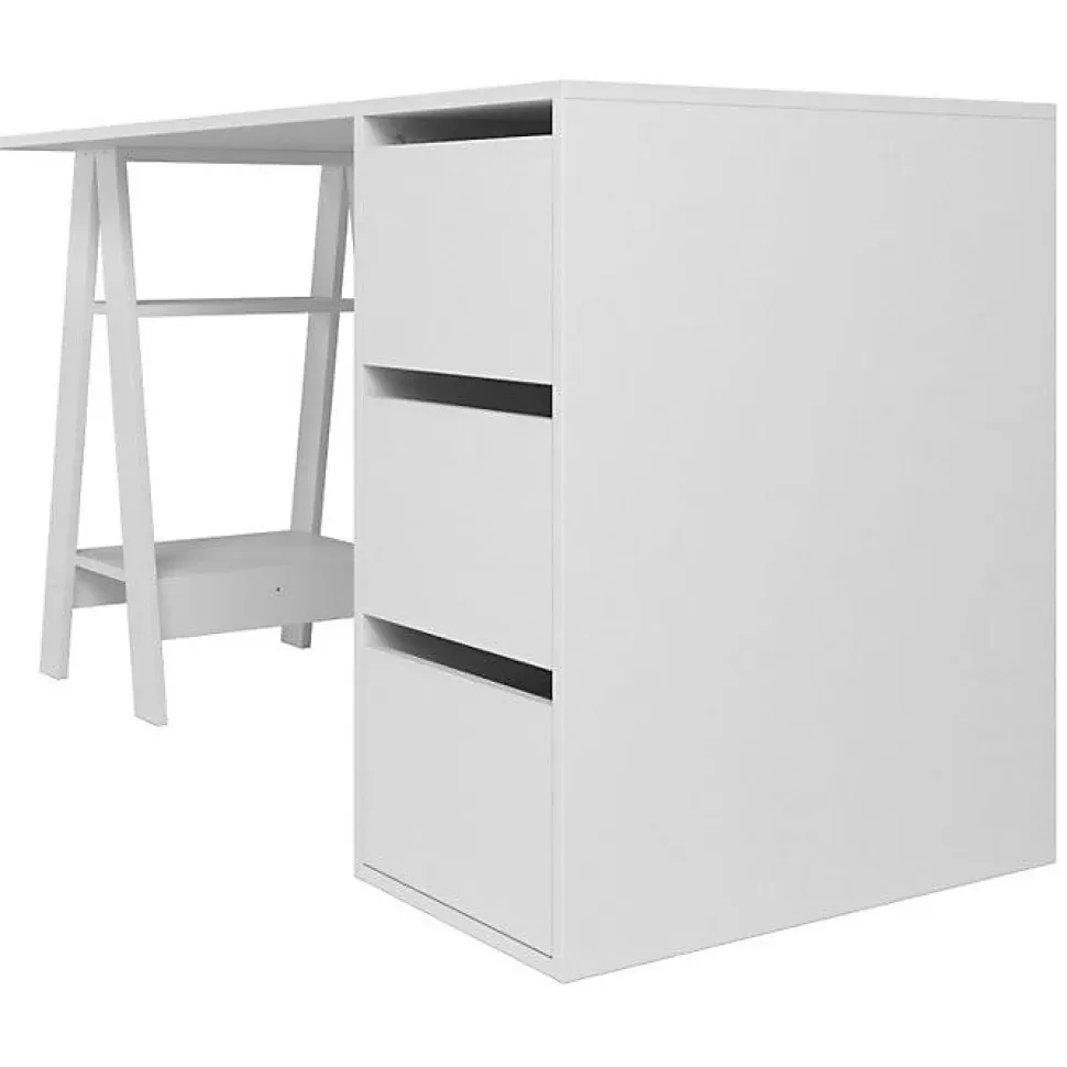 Bureau - Blanc - Tréteau et Caisson - 3 Tiroirs - 2 Niches - Droit 135x60x75 cm