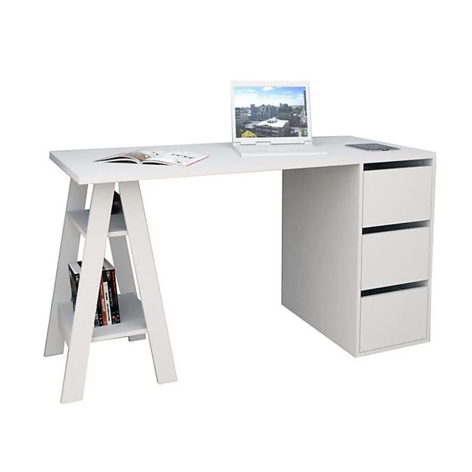 Bureau - Blanc - Tréteau et Caisson - 3 Tiroirs - 2 Niches - Droit 135x60x75 cm