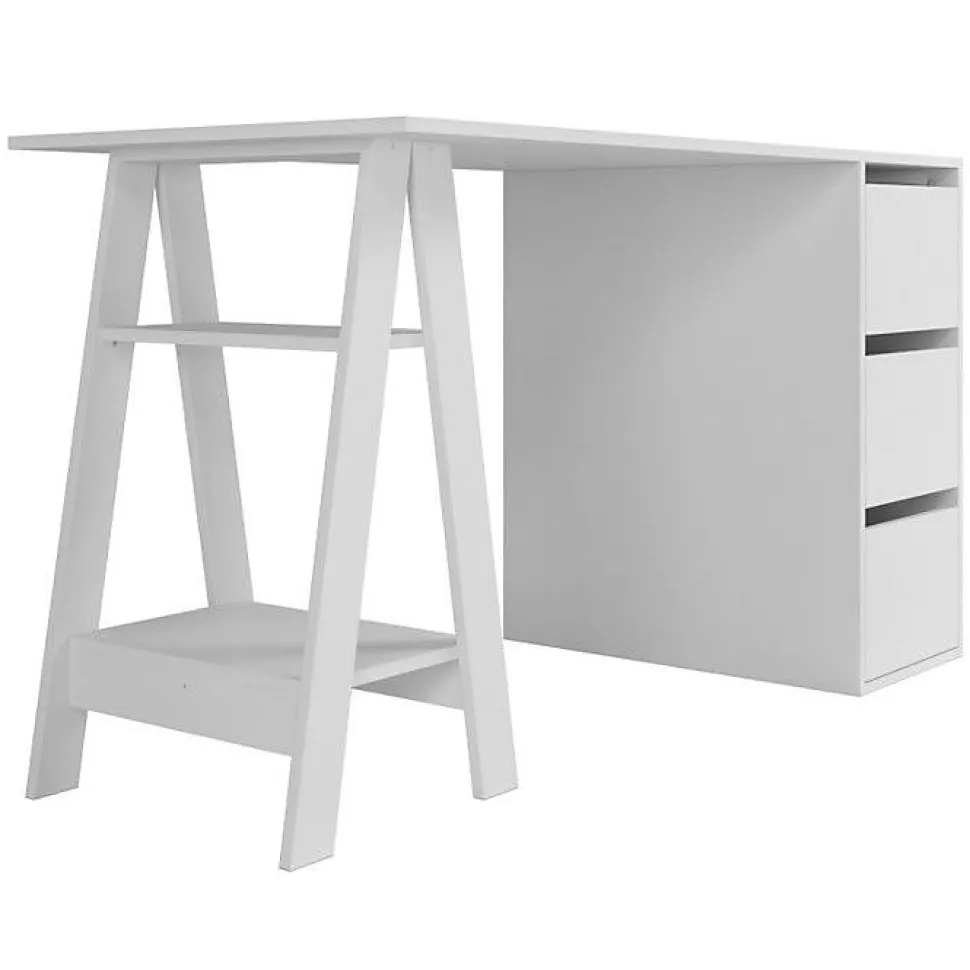 Bureau - Blanc - Tréteau et Caisson - 3 Tiroirs - 2 Niches - Droit 135x60x75 cm