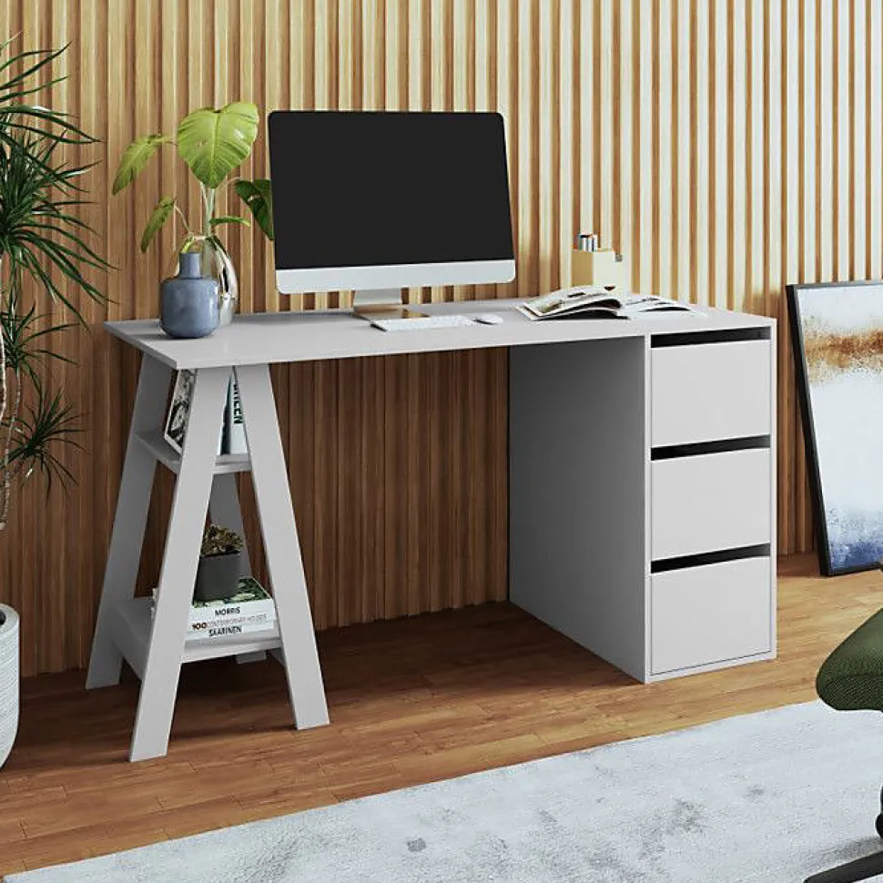 Bureau - Blanc - Tréteau et Caisson - 3 Tiroirs - 2 Niches - Droit 135x60x75 cm
