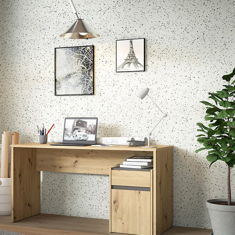 Bureau 140 cm et caisson décor bois chêne et gris foncé mat - ODYSSÉE