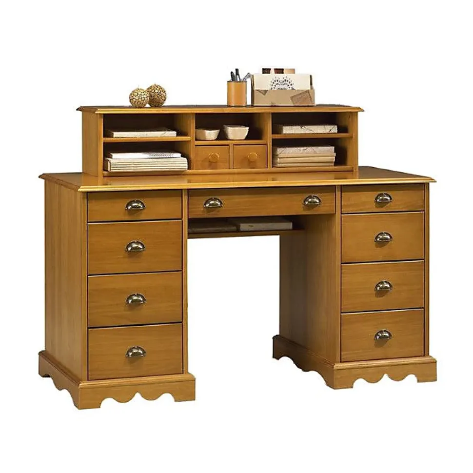 Bureau - Pin - Ministre - 11 Tiroirs - 5 Niches - Style Anglais