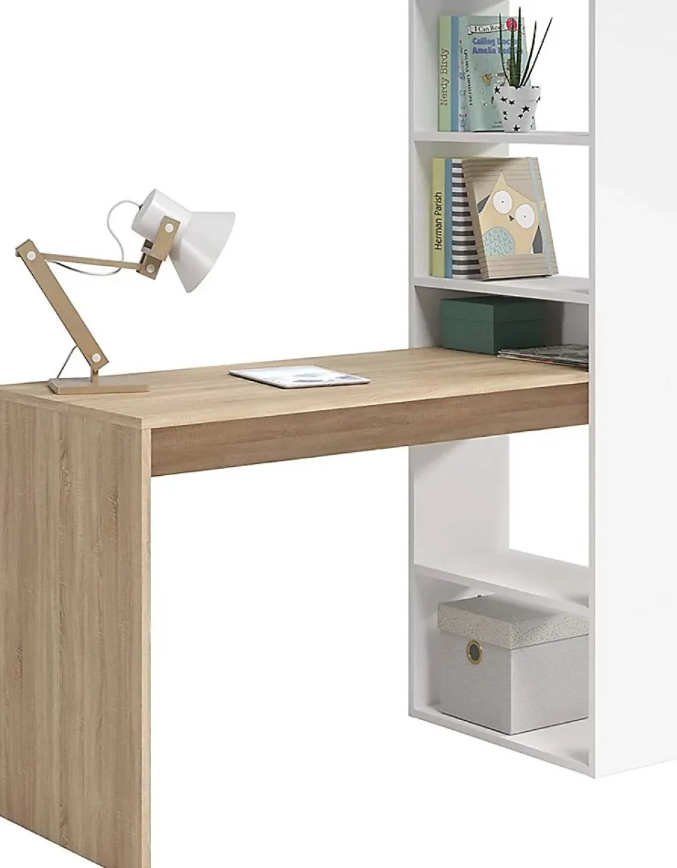 Bureau + étagère intégrée 120 x 144 cm blanc artik-chêne canadian