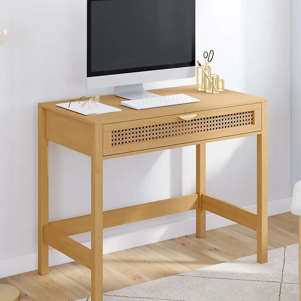 Bureau 1 tiroir EDHEN bois et cannage