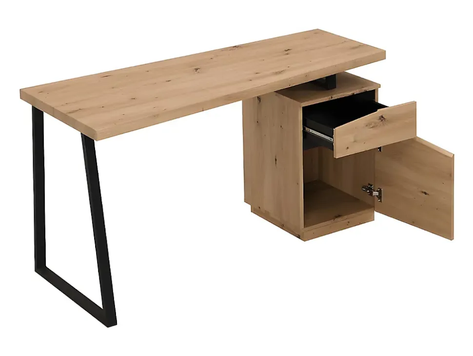 Bureau 1 tiroir et 1 porte - MDF et acier - Coloris : Chêne et noir - GOTAMA