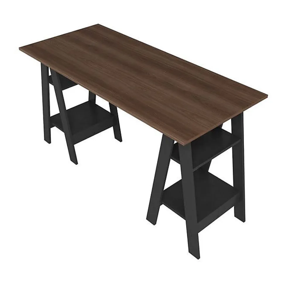 Bureau 2 Tréteaux 4 Niches Noir et Châtaignier L 135 H 75 P 60 cm - L 135 x l 60 x H 75 cm