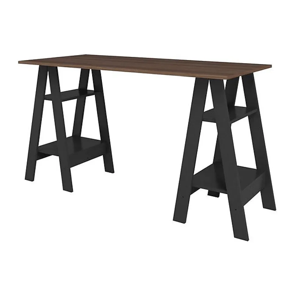 Bureau 2 Tréteaux 4 Niches Noir et Châtaignier L 135 H 75 P 60 cm - L 135 x l 60 x H 75 cm