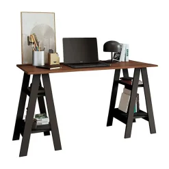 Bureau 2 Tréteaux 4 Niches Noir et Châtaignier L 135 H 75 P 60 cm - L 135 x l 60 x H 75 cm