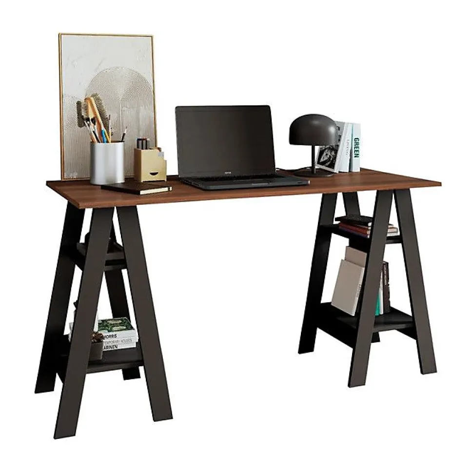 Bureau 2 Tréteaux 4 Niches Noir et Châtaignier L 135 H 75 P 60 cm - L 135 x l 60 x H 75 cm