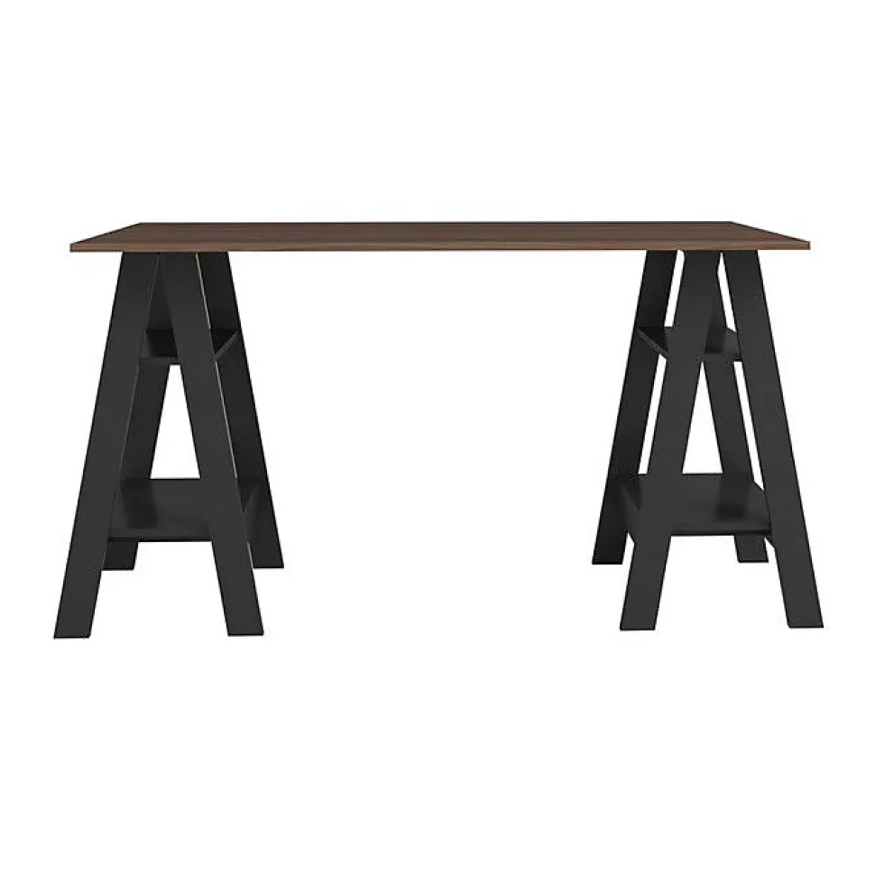 Bureau 2 Tréteaux 4 Niches Noir et Châtaignier L 135 H 75 P 60 cm - L 135 x l 60 x H 75 cm