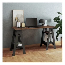 Bureau 2 Tréteaux 4 Niches Noir et Châtaignier L 135 H 75 P 60 cm - L 135 x l 60 x H 75 cm