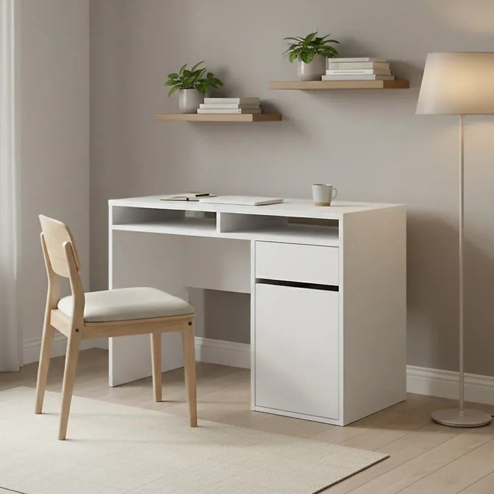 Bureau Abbadu, Pupitre polyvalent, Table de bureau pour PC, Plan de travail, 110x48 h77 cm, Blanc