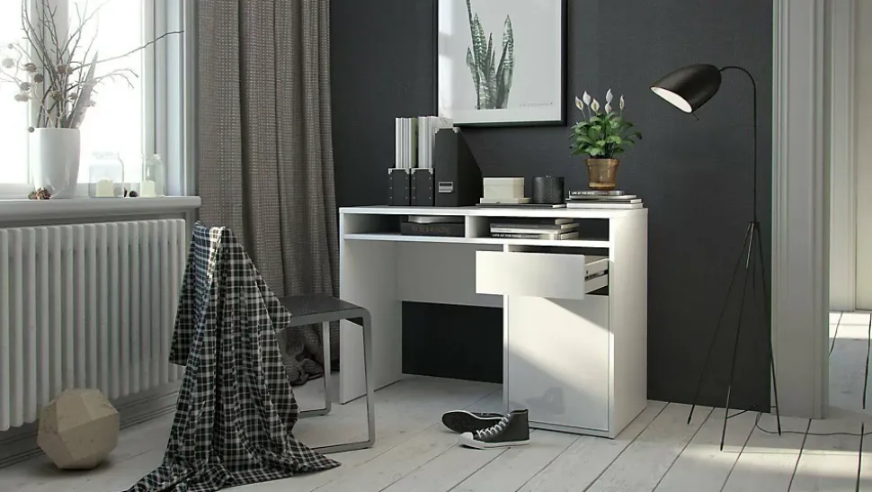 Bureau Abbadu, Pupitre polyvalent, Table de bureau pour PC, Plan de travail, 110x48 h77 cm, Blanc