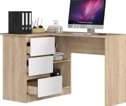 Bureau AKORD d'angle Chêne Sonoma 124 cm 3 tiroirs façade Blanche 2 étagères 124x85x77 cm