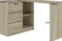 Bureau AKORD d'angle Chêne Sonoma 124 cm 3 tiroirs façade Blanche 2 étagères 124x85x77 cm