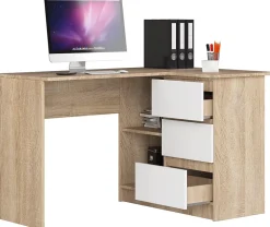 Bureau AKORD d'angle droit B16 Chêne Sonoma 124 cm 3 tiroirs façade Blanche 2 étagères 124x85x77 cm